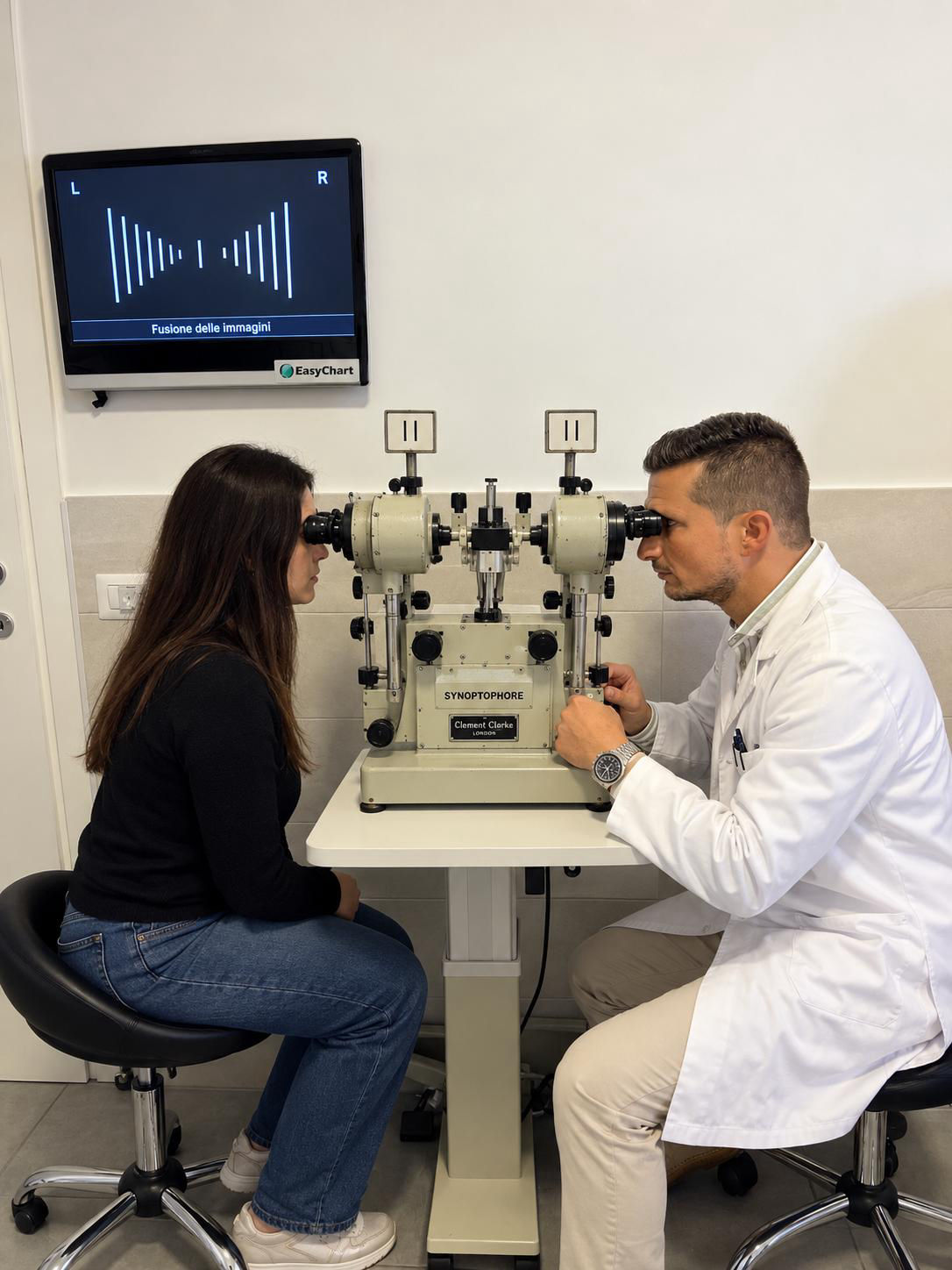 Esame al sinottoforo: il dott. Giacomo Cataldi valuta la visione binoculare con una paziente